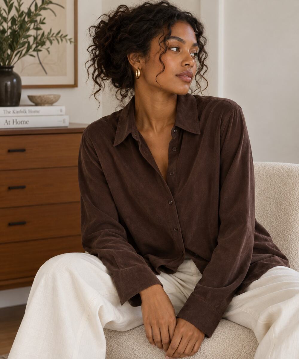 Finity Chocolate Brown Faux Suede Button Down Shirt XL 90s Minimalist ✨